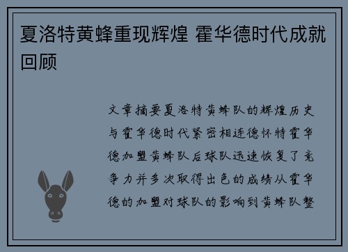 夏洛特黄蜂重现辉煌 霍华德时代成就回顾