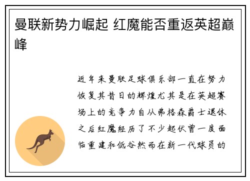 曼联新势力崛起 红魔能否重返英超巅峰