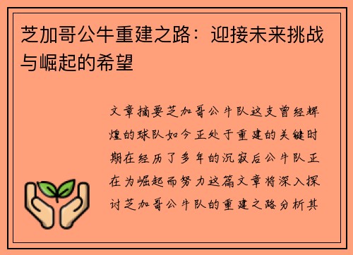芝加哥公牛重建之路：迎接未来挑战与崛起的希望