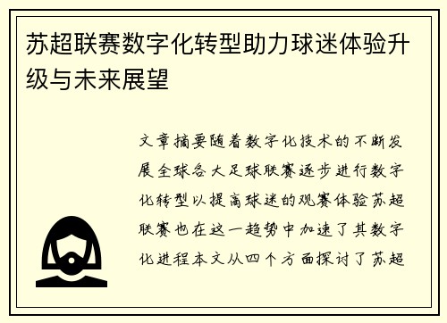 苏超联赛数字化转型助力球迷体验升级与未来展望