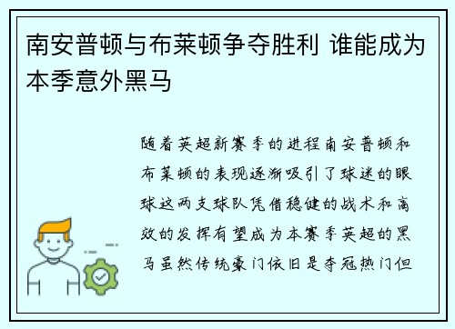 南安普顿与布莱顿争夺胜利 谁能成为本季意外黑马
