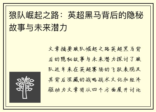 狼队崛起之路：英超黑马背后的隐秘故事与未来潜力